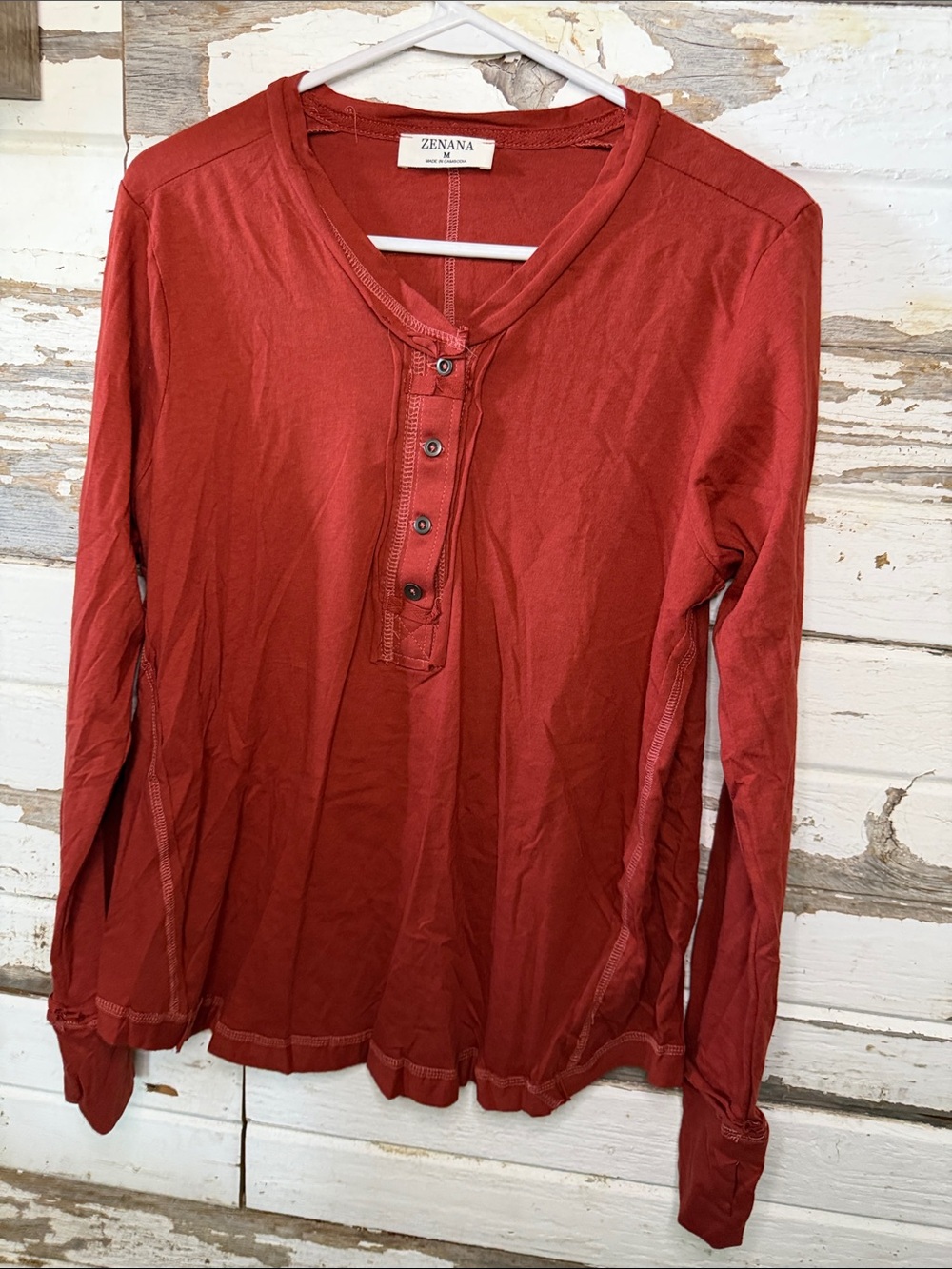 Zenana Outfitters Long Sleeve Henley Top - Brick Red 12